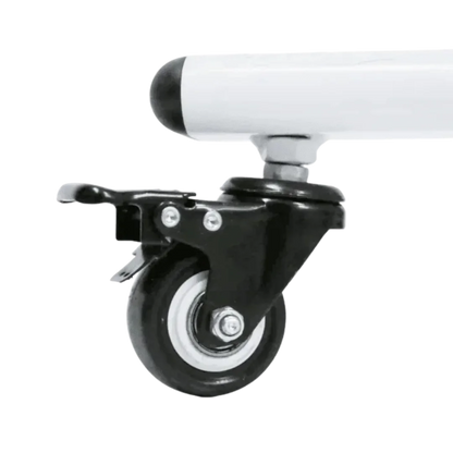 Movable Dryer Stand for Duo-Surge Dryer by Waggz,"Close-up of caster wheel with brake on metal stand"