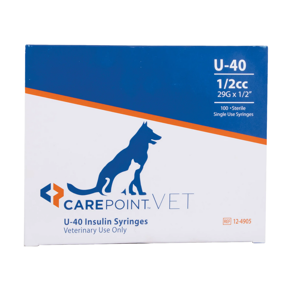U40 1/2cc Insulin Syringe 29g x 1/2","Blue and white syringe box with dog and cat graphic"
