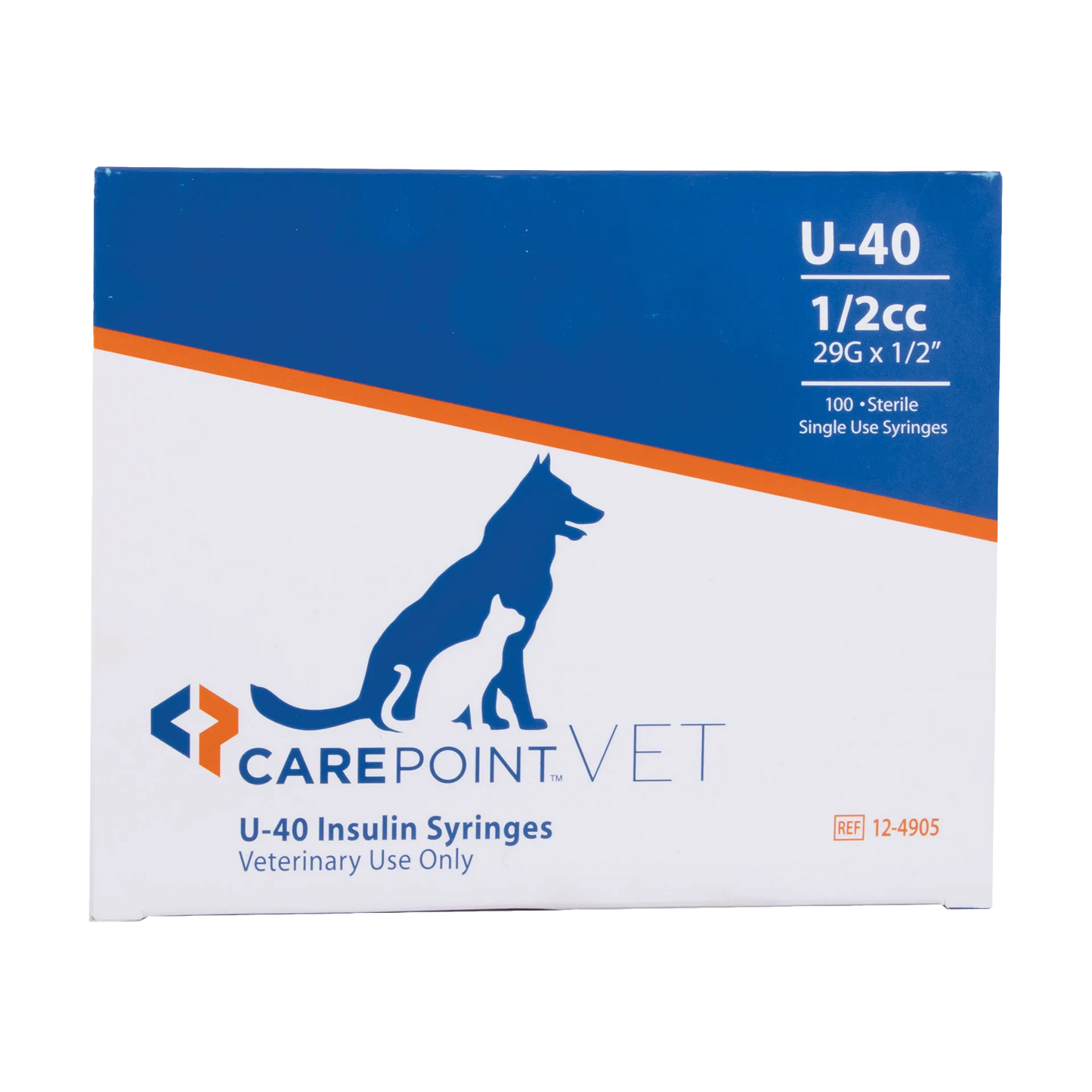 U40 1/2cc Insulin Syringe 29g x 1/2","Blue and white syringe box with dog and cat graphic"