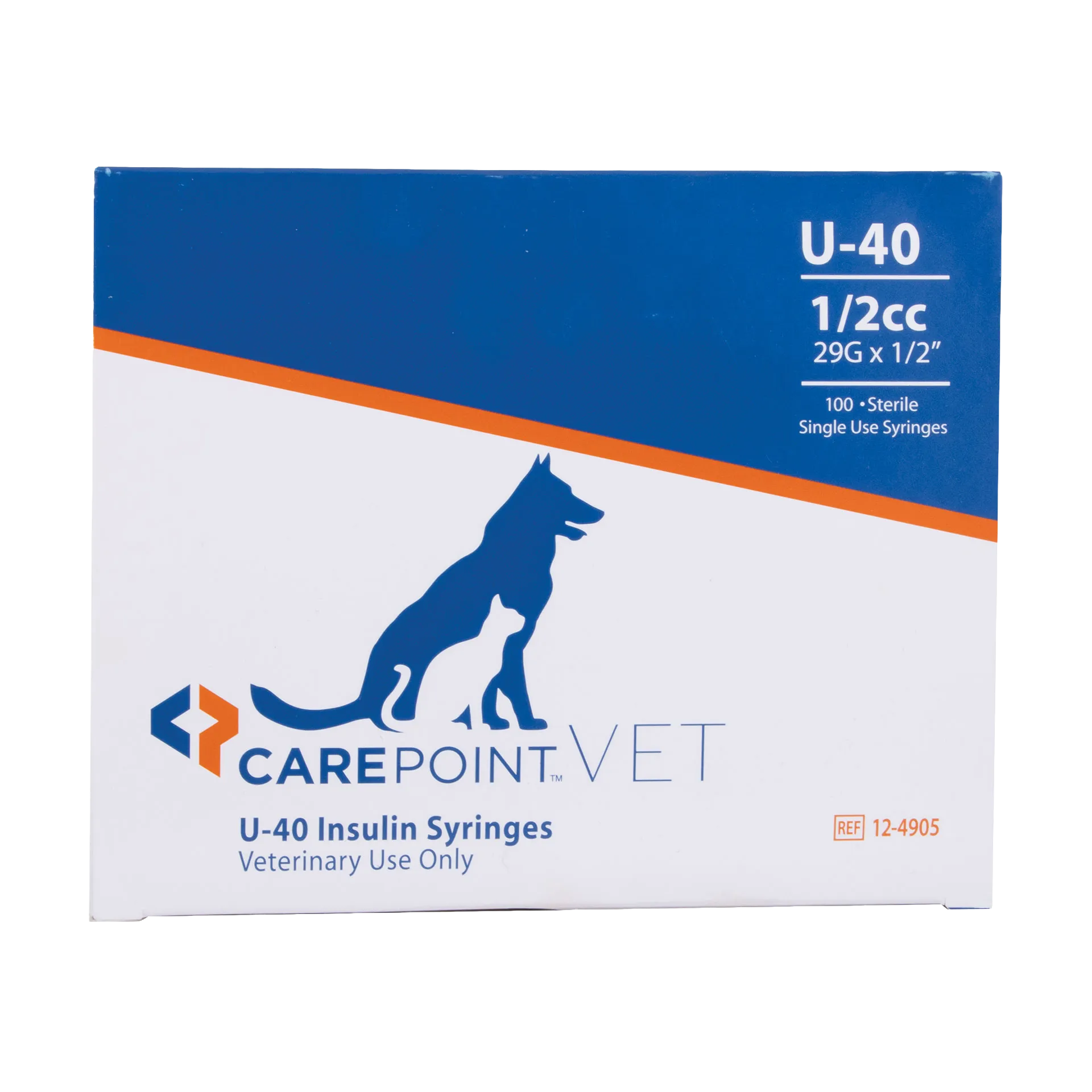 U40 1/2cc Insulin Syringe 29g x 1/2","Blue and white syringe box with dog and cat graphic"