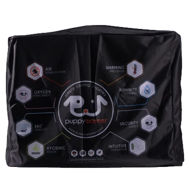 Puppywarmer Cover,"Black carrying case with printed front panel and handle"
