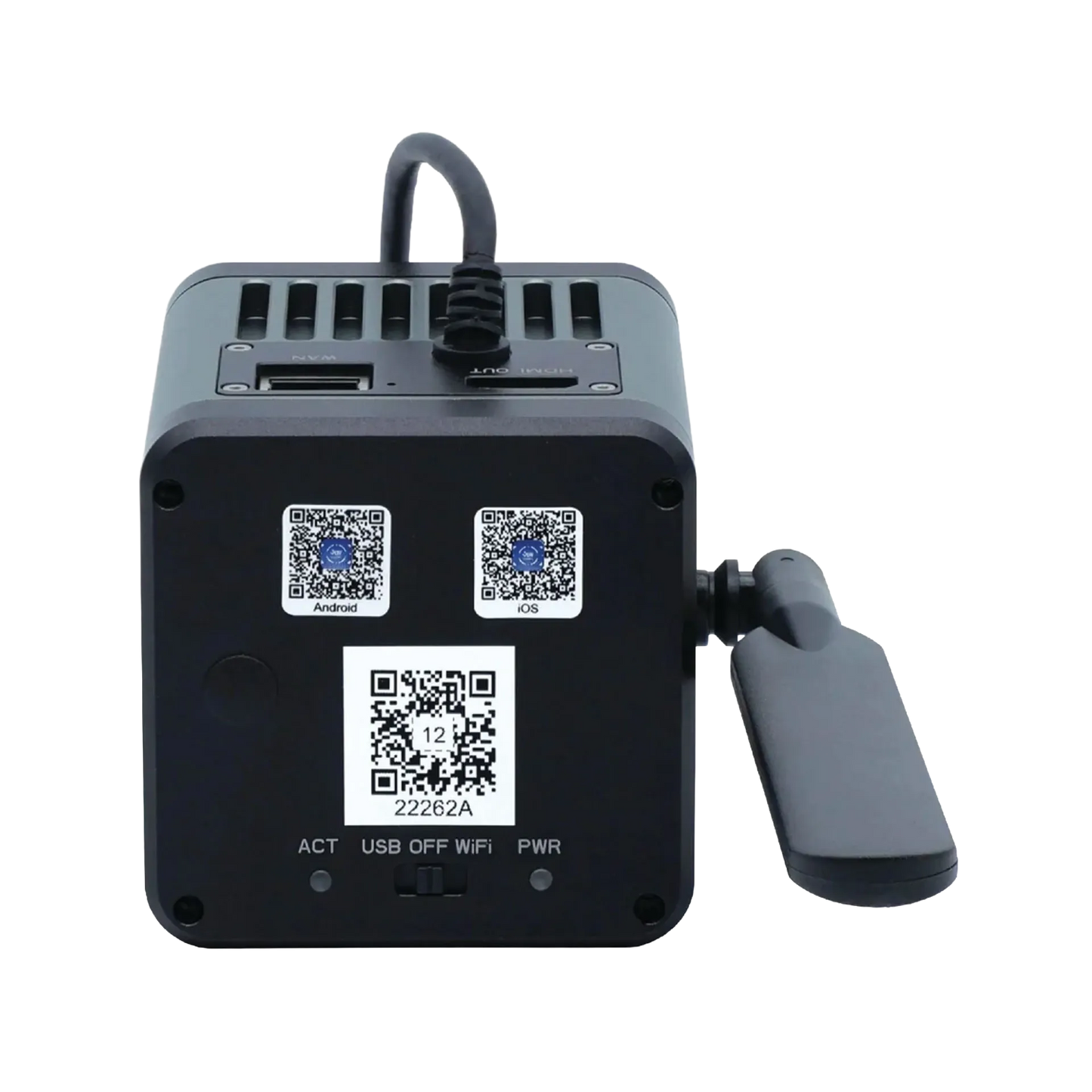 MegaVID WiFi 12MP Camera,"Rear view of camera base with ports and side handle"