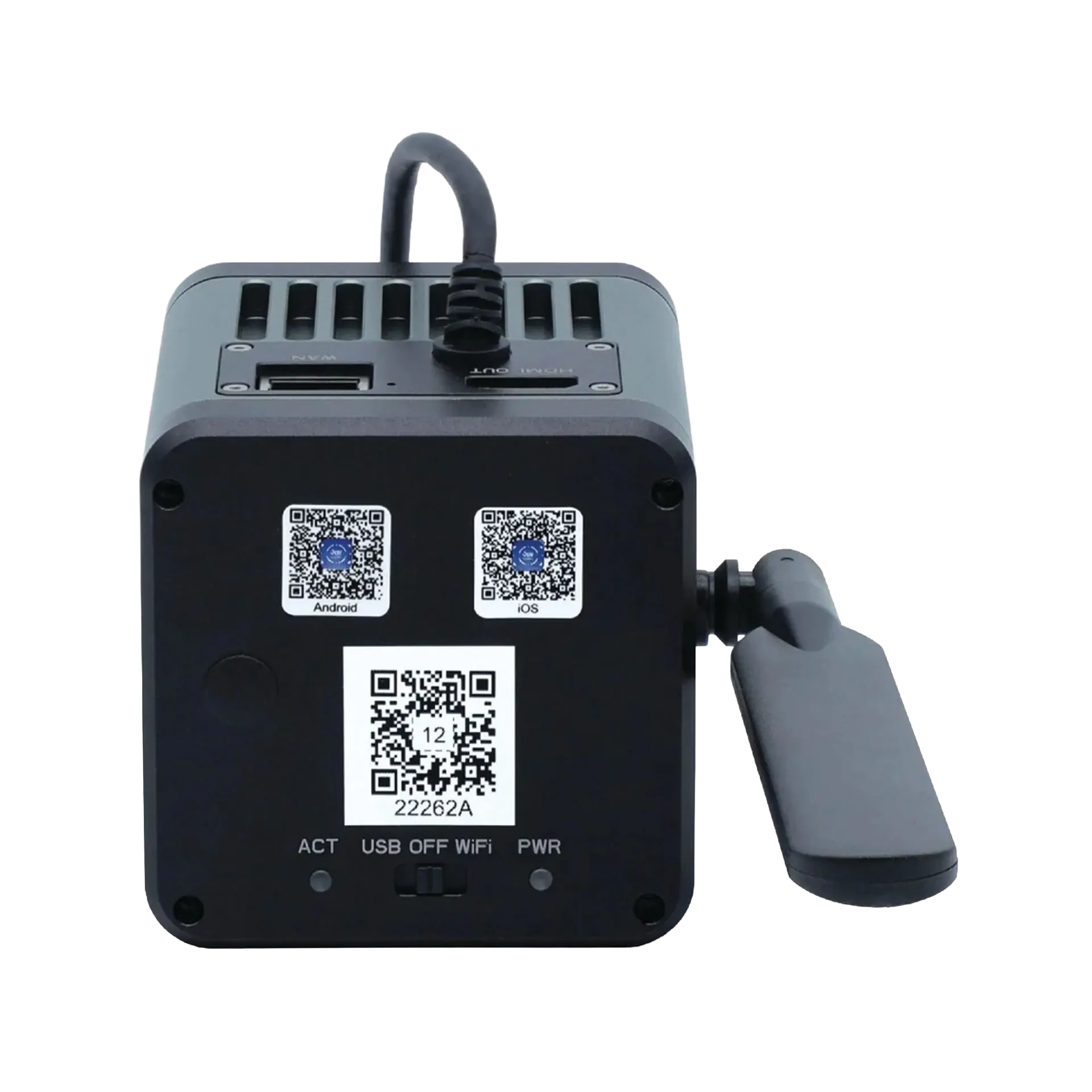 MegaVID WiFi 12MP Camera,"Rear view of camera base with ports and side handle"