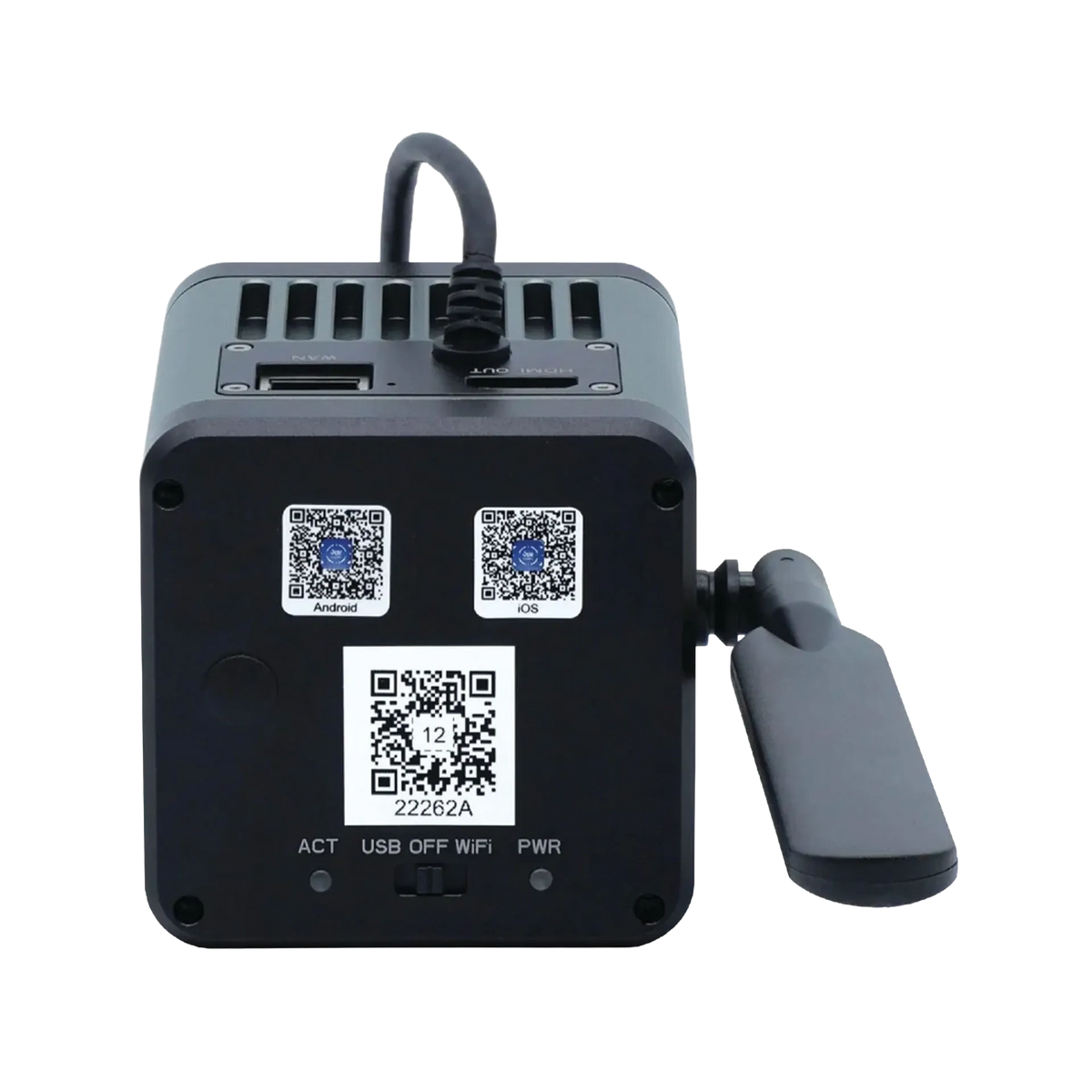 MegaVID WiFi 12MP Camera,"Rear view of camera base with ports and side handle"