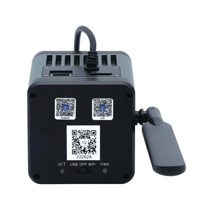 MegaVID WiFi 12MP Camera,"Rear view of camera base with ports and side handle"