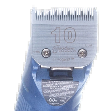 Oster® Turbo A5® 2-Speed Clippers,"Clipper blade close-up with blue handle"