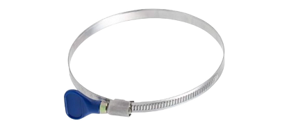 Stainless Steel Adjustable AV Clamp with Thumb Screw,"Metal band clamp with blue thumb screw"