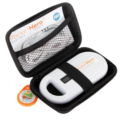 Pocket Hero™ ISO Microchip Scanner,"White handheld scanner in black zip case with card and orange tag"