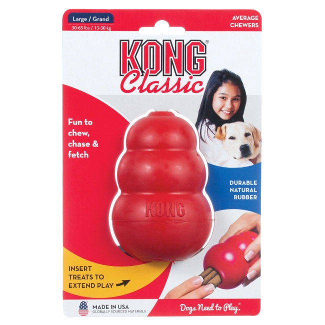 Kong® Classic,"Red rubber dog toy in retail packaging"