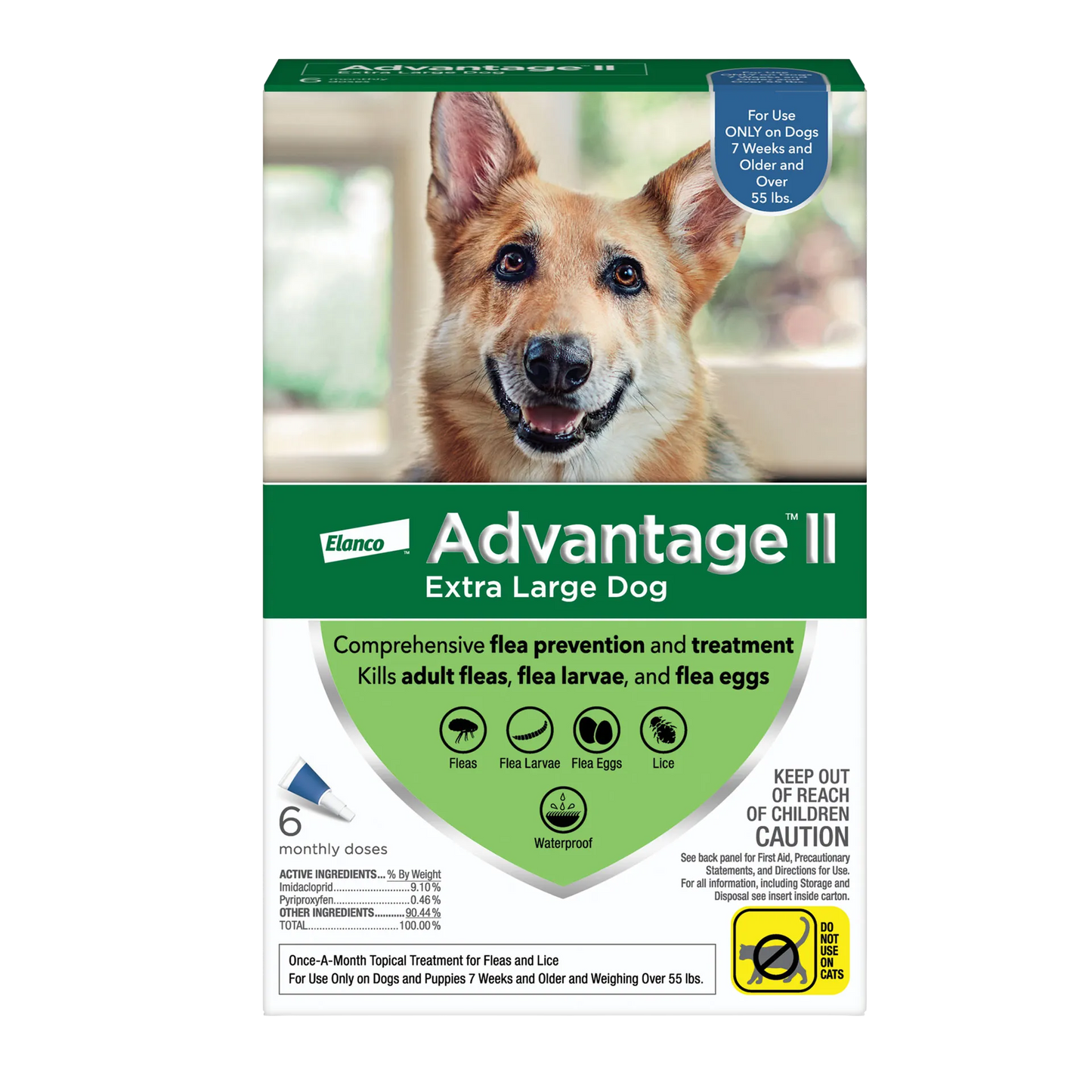 Advantage™ II for Dogs,"Front of flea treatment box with dog photo and applicator icon"