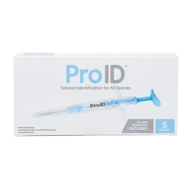 ProID® ISO Microchips,"Box with blue applicator syringe illustration"