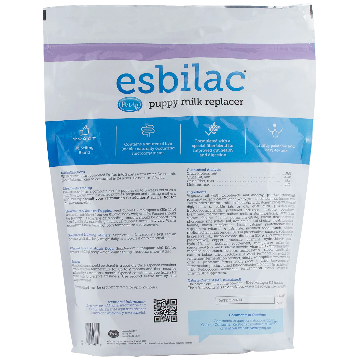 Esbilac® Puppy Milk Replacer,"Back of resealable pouch with feeding directions panel"