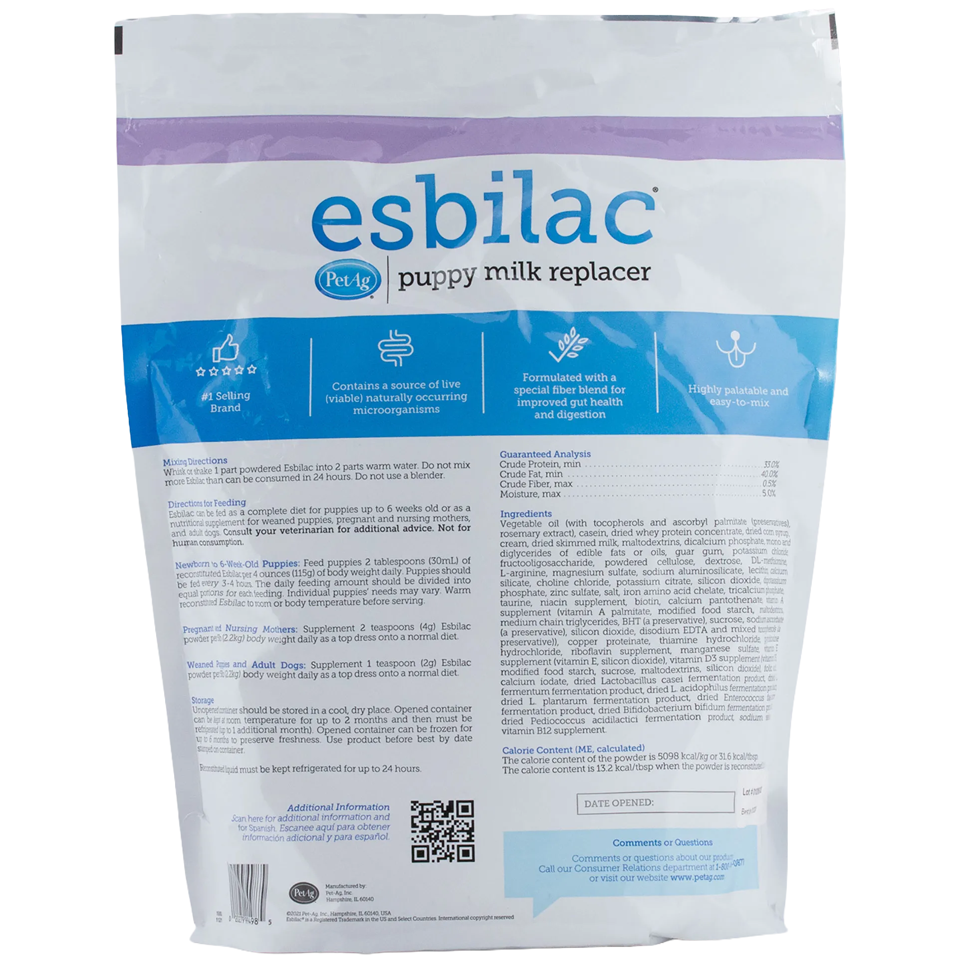 Esbilac® Puppy Milk Replacer,"Back of resealable pouch with feeding directions panel"