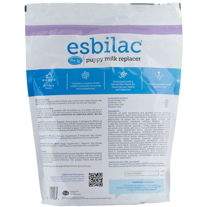 Esbilac® Puppy Milk Replacer,"Back of resealable pouch with feeding directions panel"