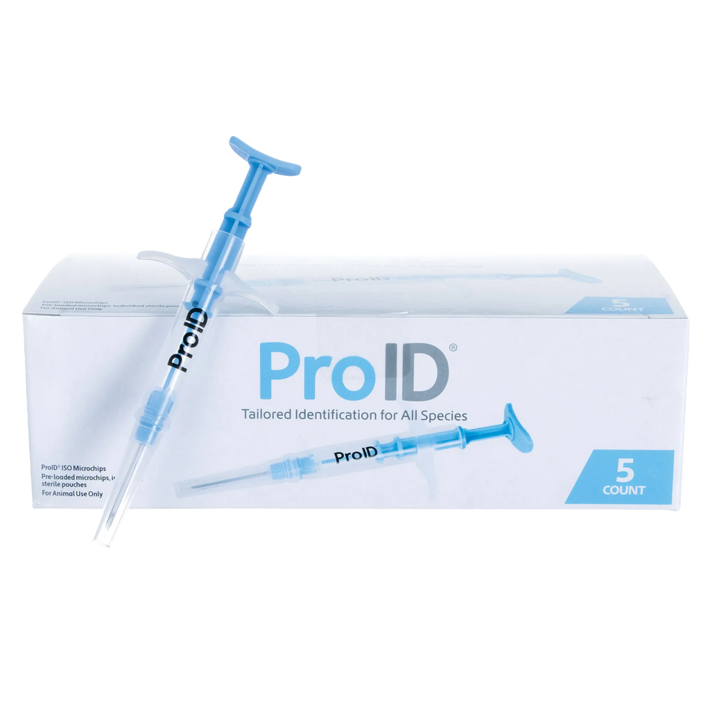 ProID® ISO Microchips,"Blue applicator syringe in front of product box"