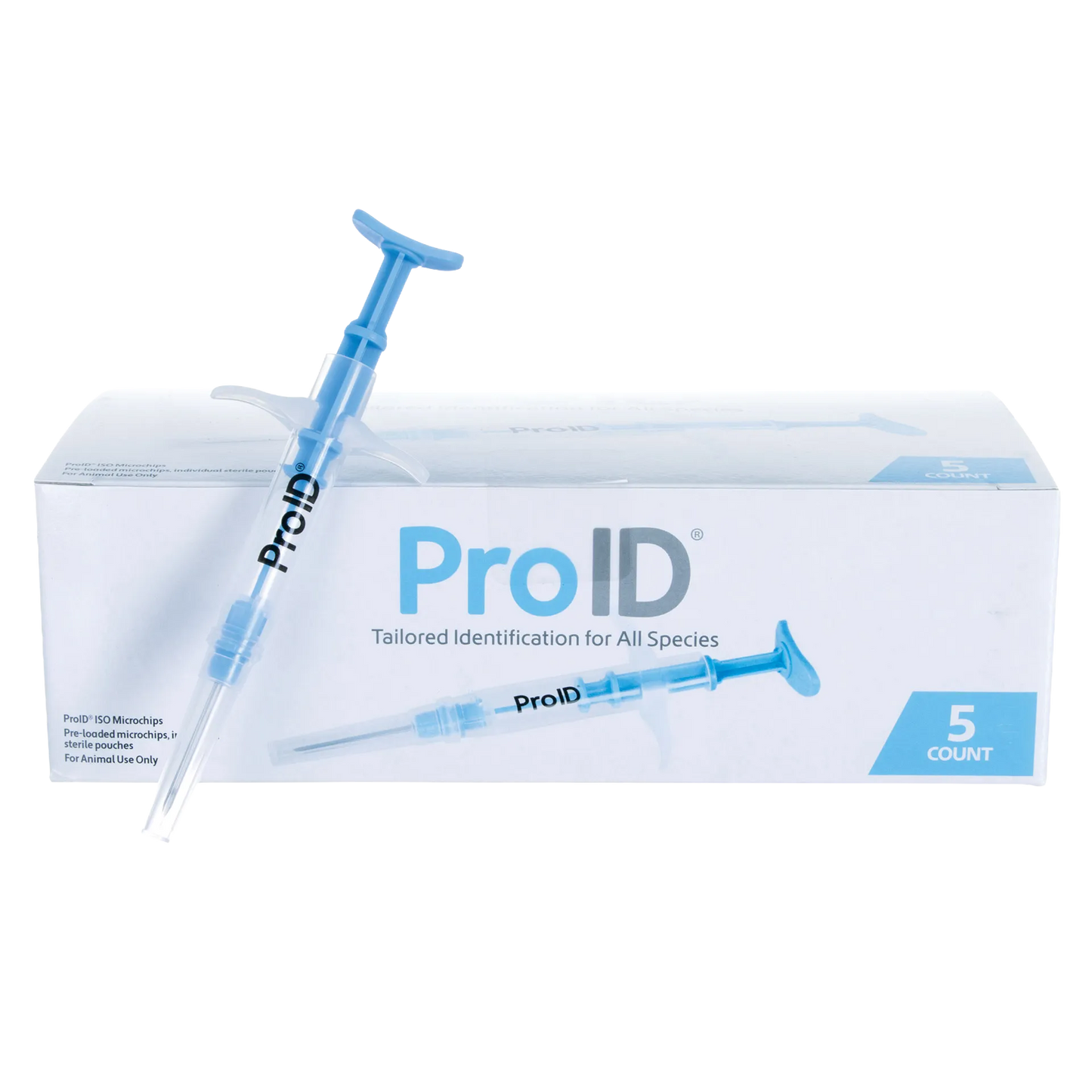 ProID® ISO Microchips,"Blue applicator syringe in front of product box"