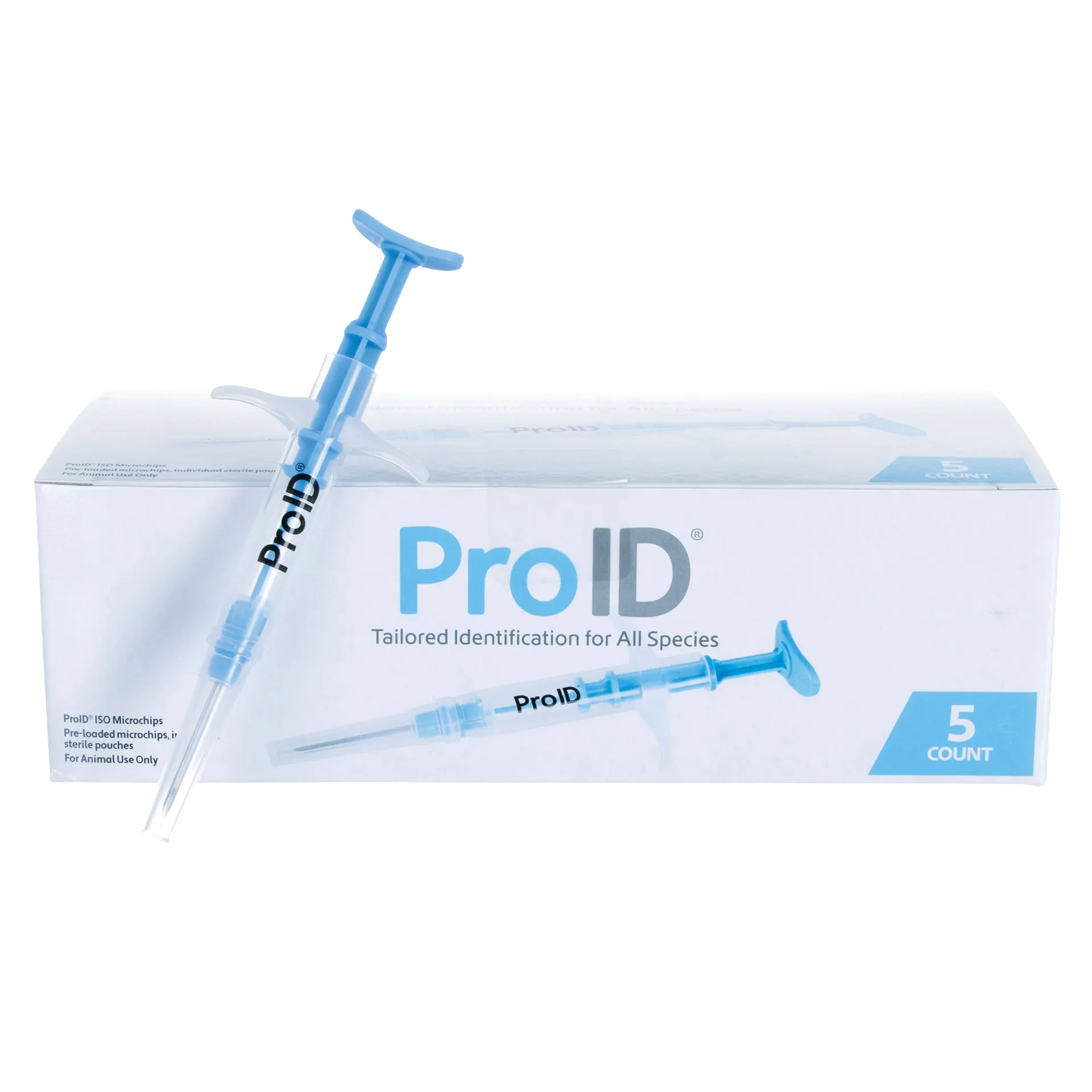 ProID® ISO Microchips,"Blue applicator syringe in front of product box"