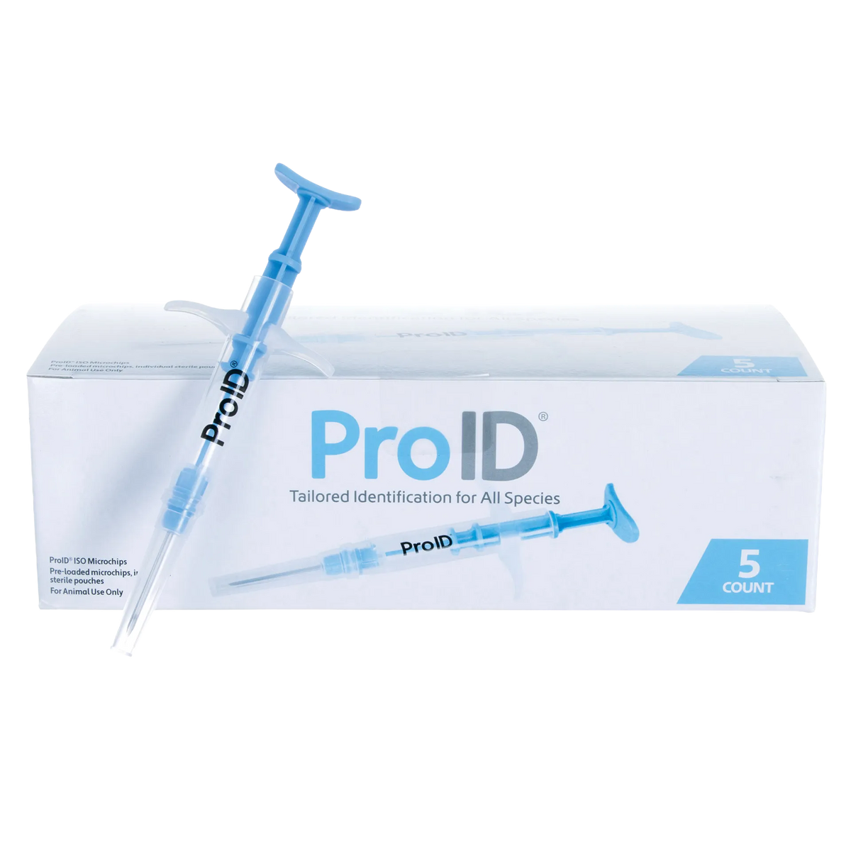 ProID® ISO Microchips,"Blue applicator syringe in front of product box"