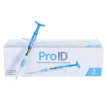 ProID® ISO Microchips,"Blue applicator syringe in front of product box"