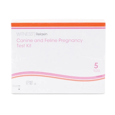 Witness™ Relaxin Canine Pregnancy Test Kit,"White test kit box with orange top stripe and pink wave accent"