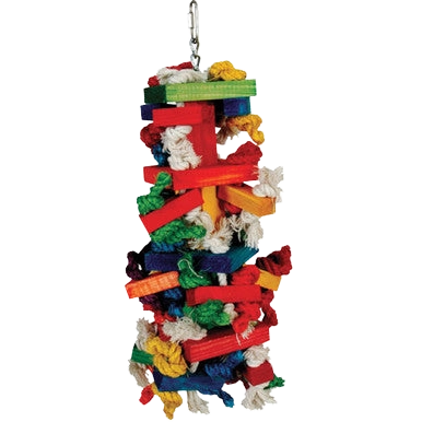 Knotty Blocks,"Hanging stack of colorful wood blocks with rope knots"