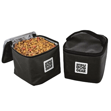 Replacement Insulated Dog Food Carriers,"Two black insulated dog food carriers, one open with kibble inside"