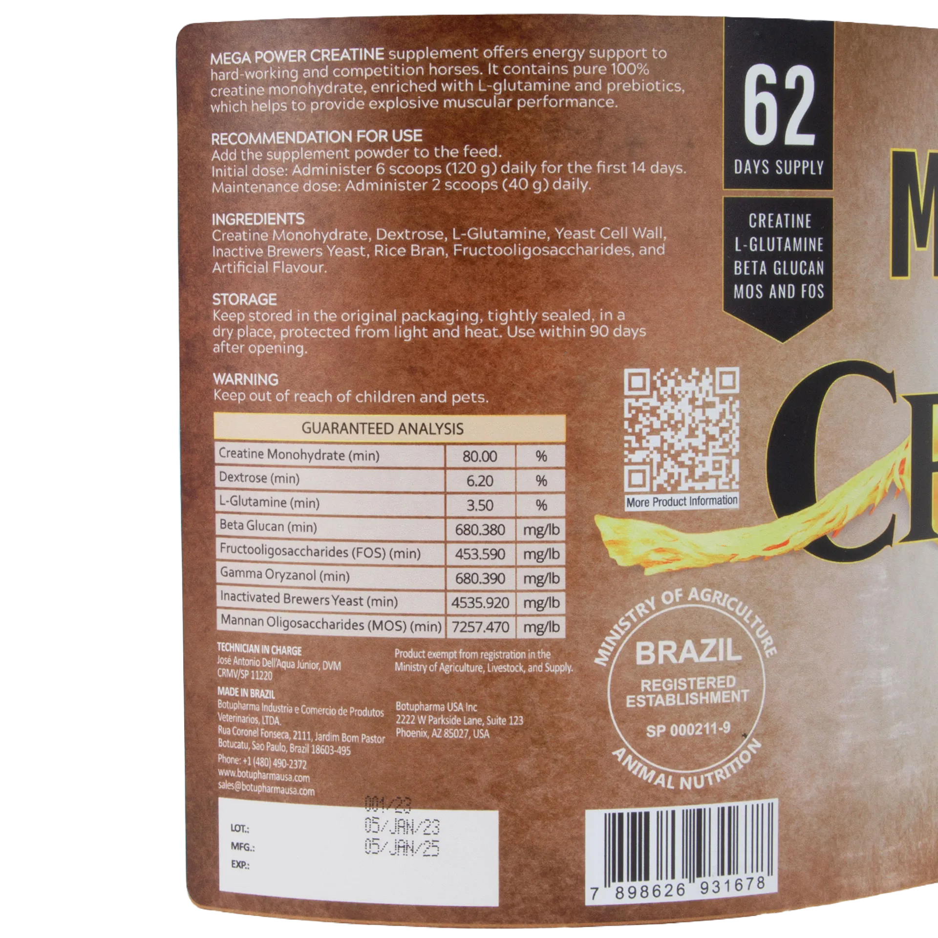Mega Power Creatine Botumix Supplement,"Back of supplement package with nutrition facts panel and barcode"