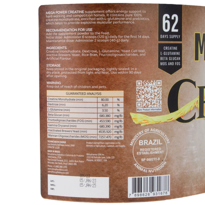 Mega Power Creatine Botumix Supplement,"Back of supplement package with nutrition facts panel and barcode"