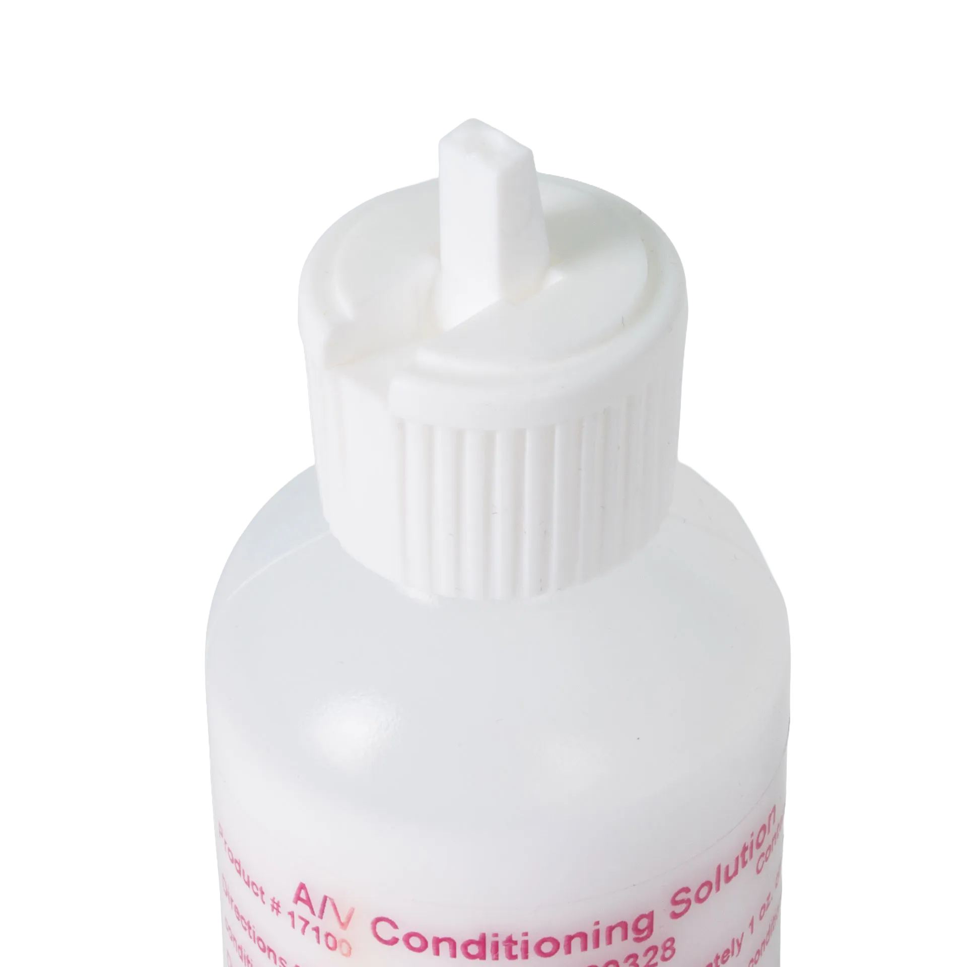 AV Conditioning Solution,"White bottle with ribbed twist cap and nozzle close-up"