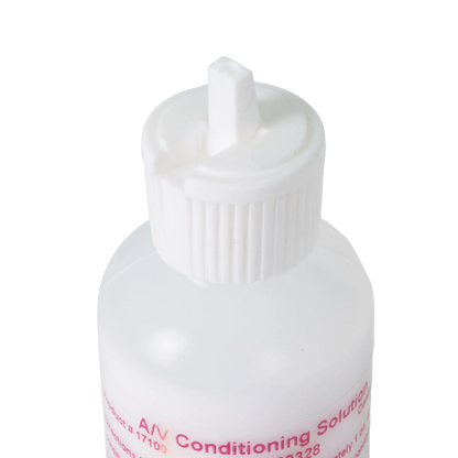 AV Conditioning Solution,"White bottle with ribbed twist cap and nozzle close-up"