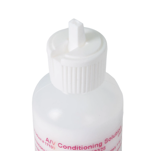 AV Conditioning Solution,"White bottle with ribbed twist cap and nozzle close-up"