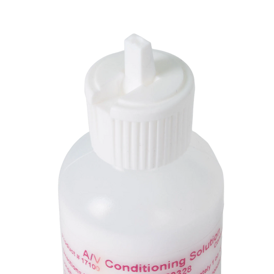 AV Conditioning Solution,"White bottle with ribbed twist cap and nozzle close-up"