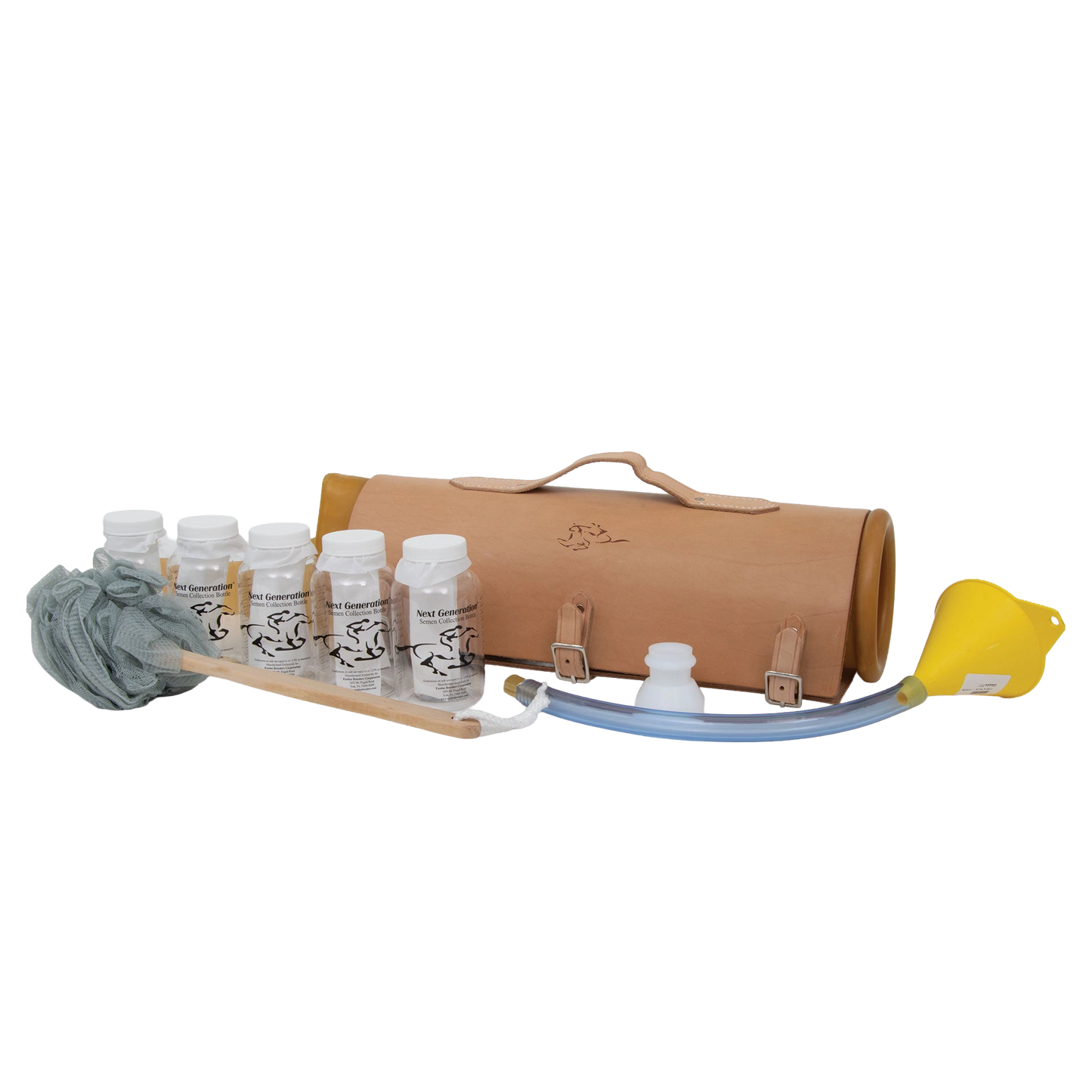 Missouri Complete Set with Leather Cover,"Tan leather case with bottles, funnel, tubing, and mesh net"