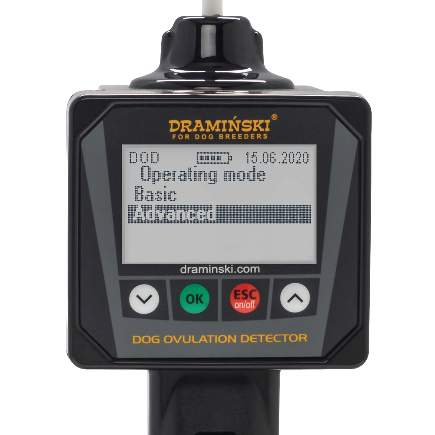 Draminski Dog Ovulation Detector,"Handheld detector close-up with display screen and buttons"