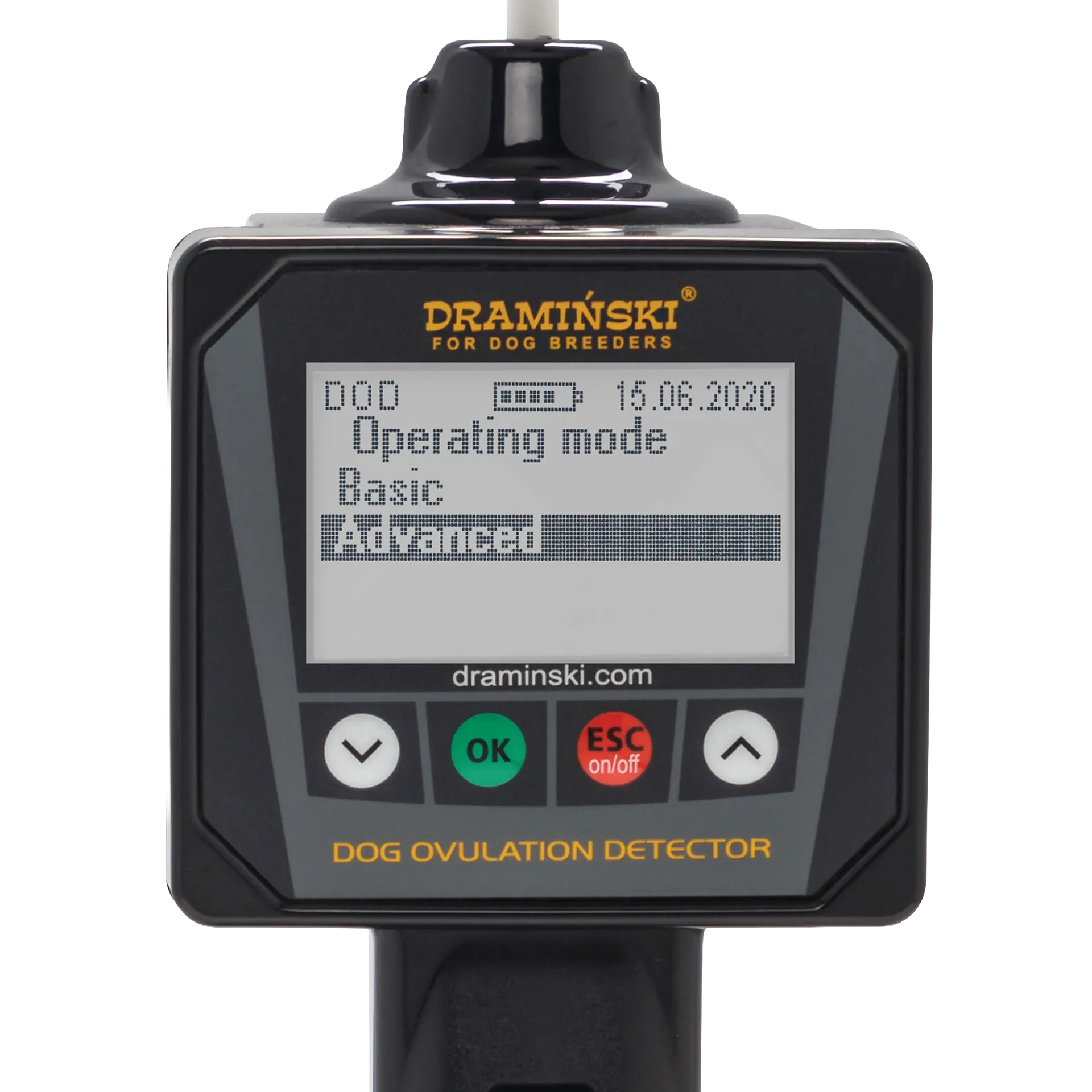 Draminski Dog Ovulation Detector,"Handheld detector close-up with display screen and buttons"