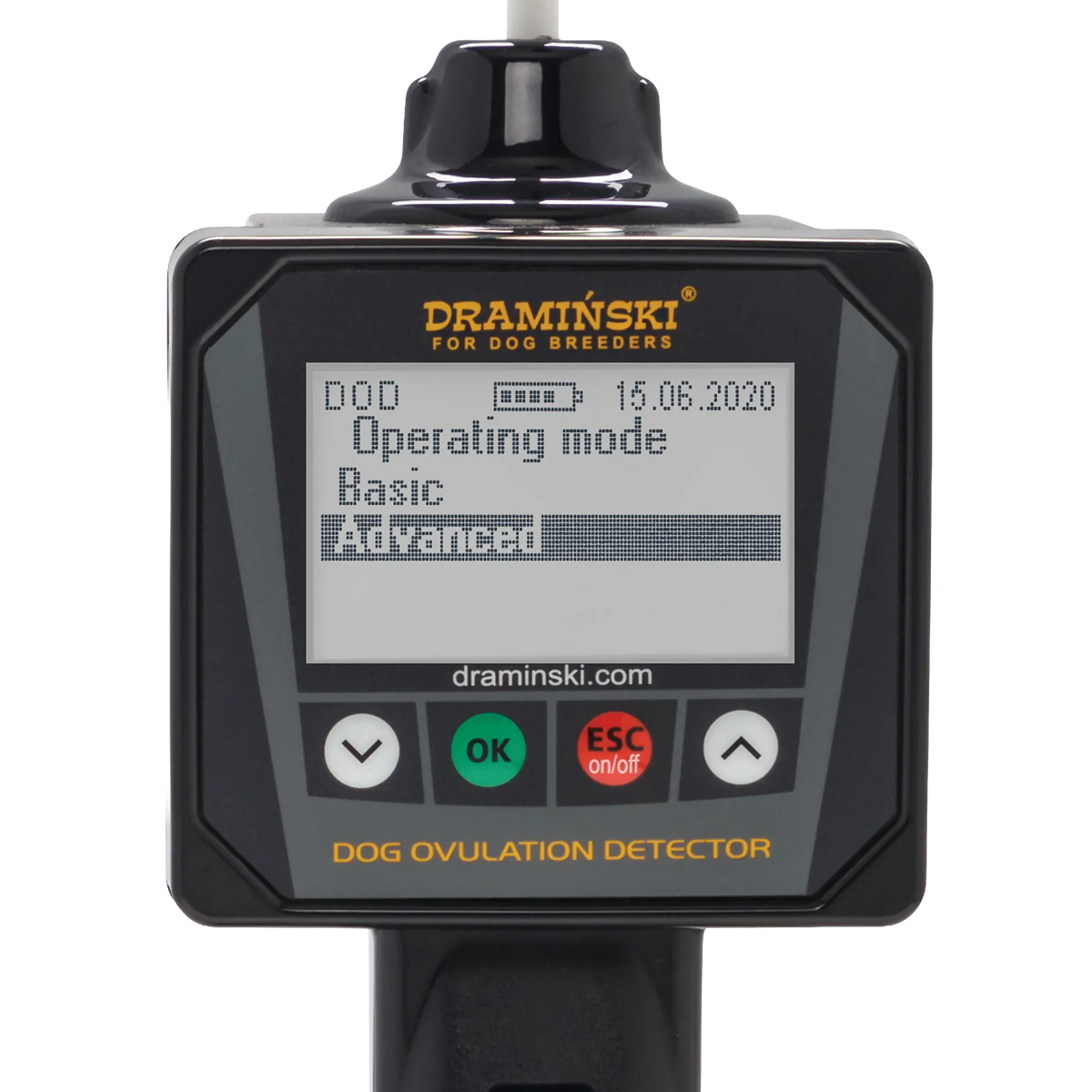 Draminski Dog Ovulation Detector,"Handheld detector close-up with display screen and buttons"
