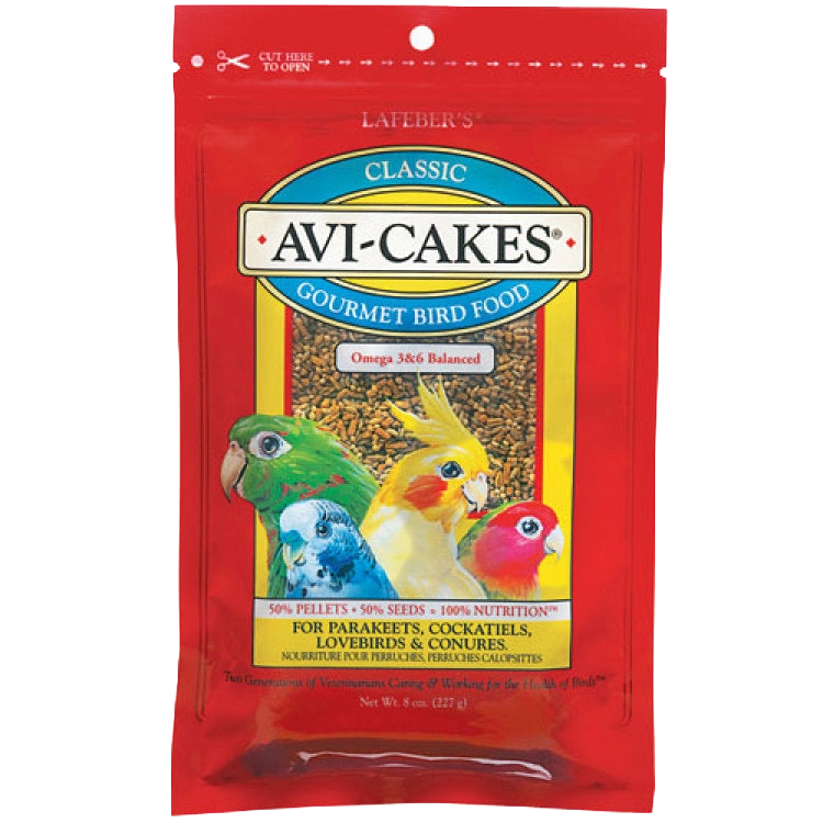 Lafeber Avi-Cakes Bird Food,"Red stand-up bird food pouch with parakeet and cockatiel illustrations"