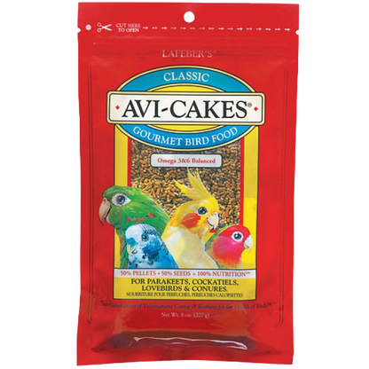 Lafeber Avi-Cakes Bird Food,"Red stand-up bird food pouch with parakeet and cockatiel illustrations"