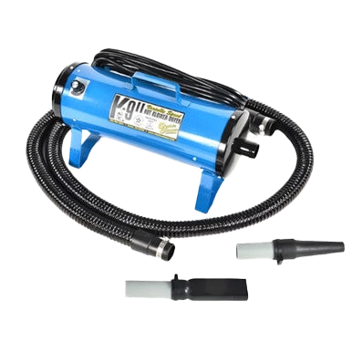 K-9 II Variable Speed Dog Dryer With FREE Water Peeler,"Blue dog dryer with hose and two nozzle attachments"