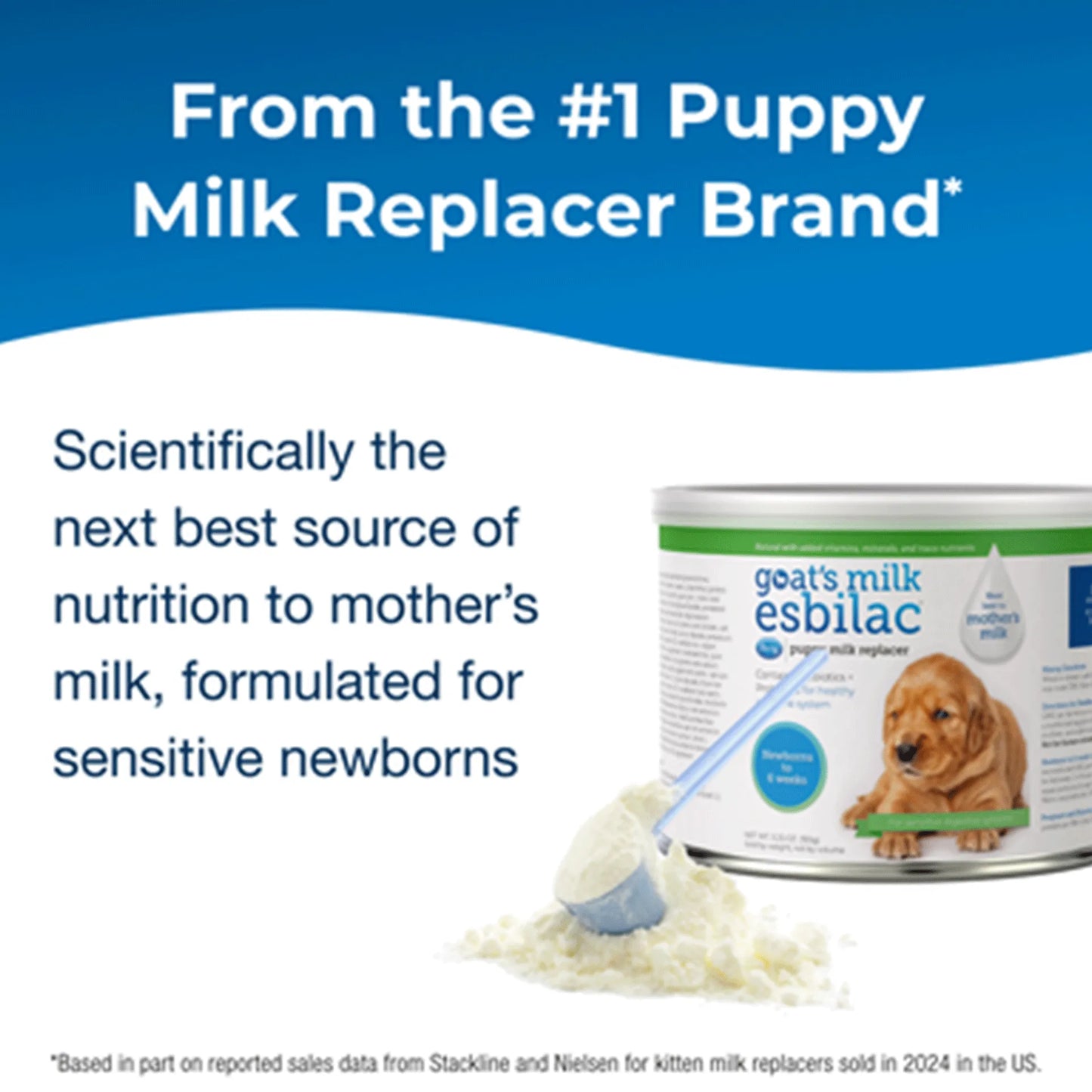 PetAg Goat's Milk Esbilac Puppy Milk Replacer Powder for Puppies,"Can of milk replacer powder with scoop and powder pile"