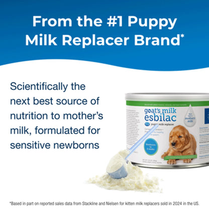 PetAg Goat's Milk Esbilac Puppy Milk Replacer Powder for Puppies,"Can of milk replacer powder with scoop and powder pile"