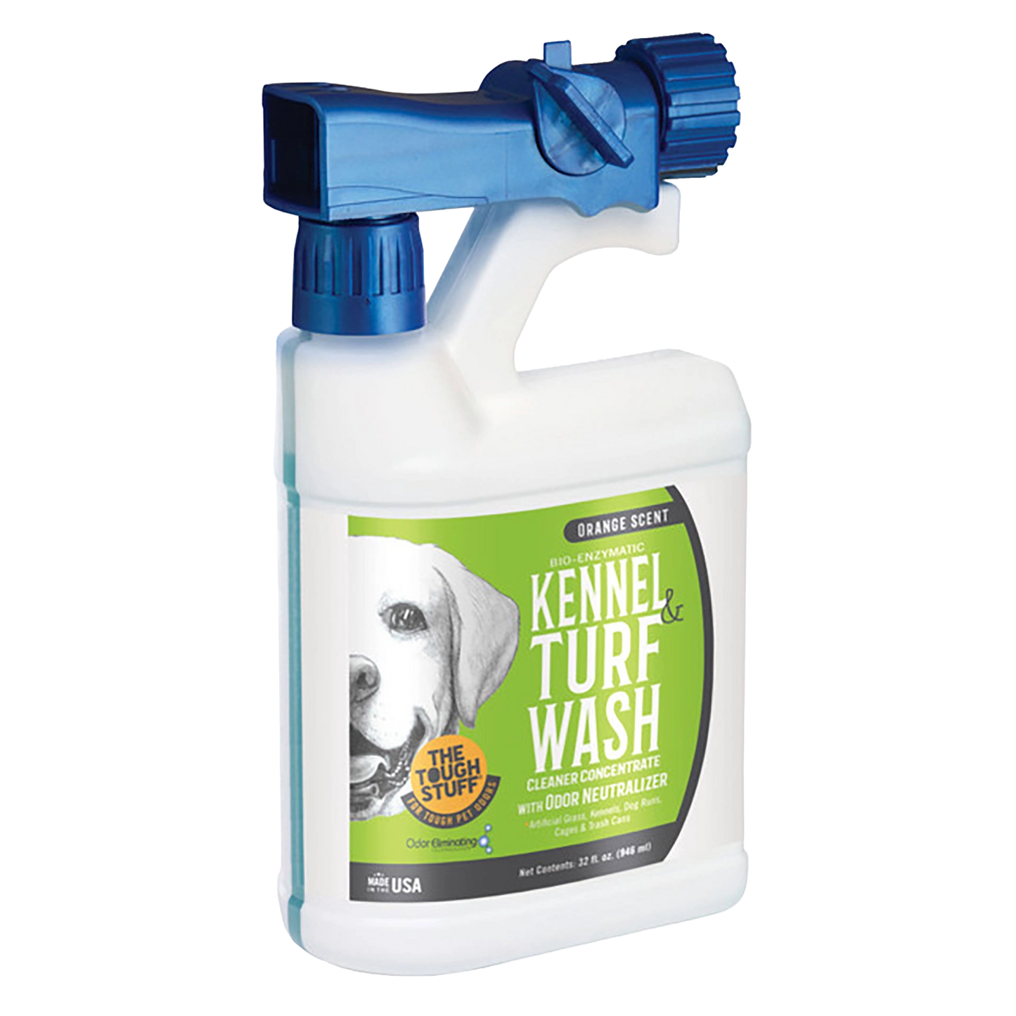 Bio-Enzymatic Kennel And Turf Wash Cleaner Concentrate With Odor Neutralizer,"White bottle with blue hose-end sprayer and green front label"