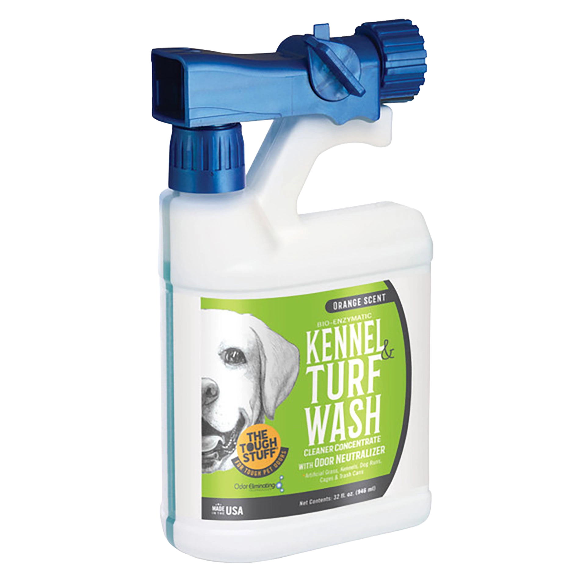 Bio-Enzymatic Kennel And Turf Wash Cleaner Concentrate With Odor Neutralizer,"White bottle with blue hose-end sprayer and green front label"