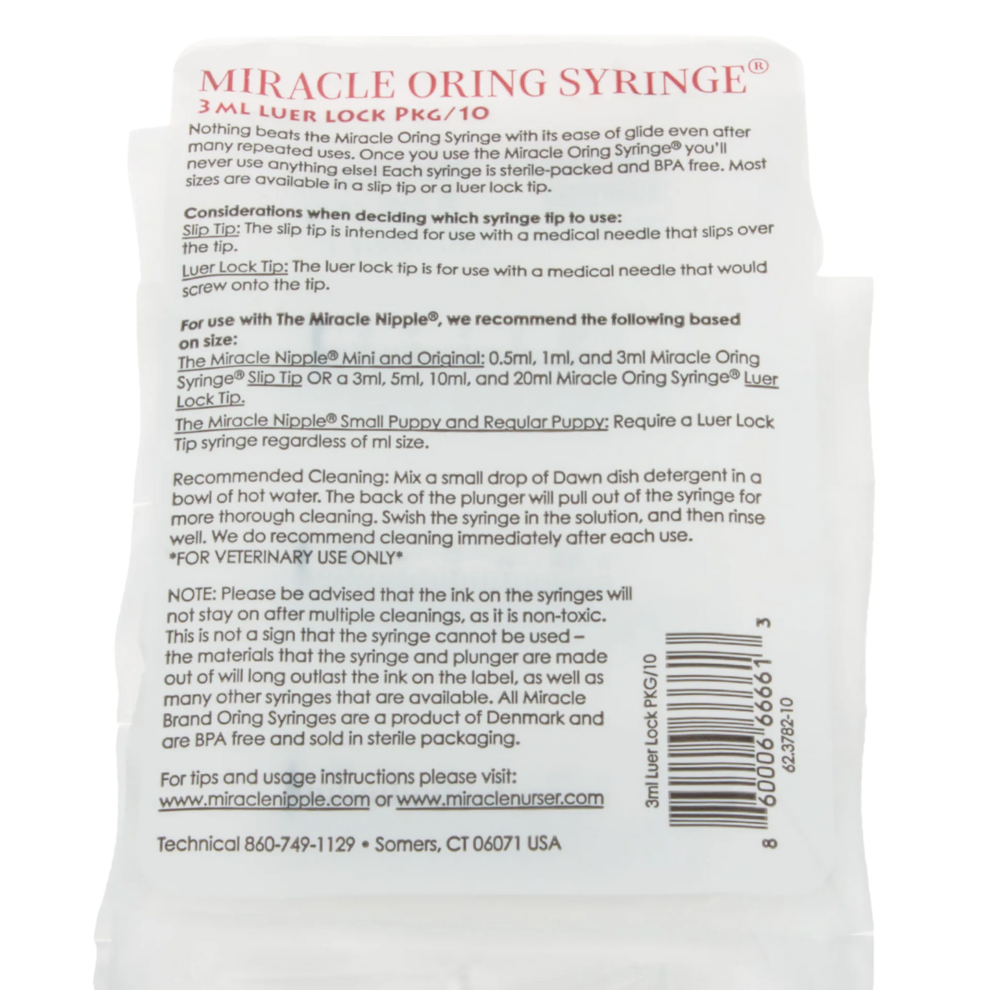 Miracle Nipple O-ring Syringe,"Back of sterile syringe package with barcode"