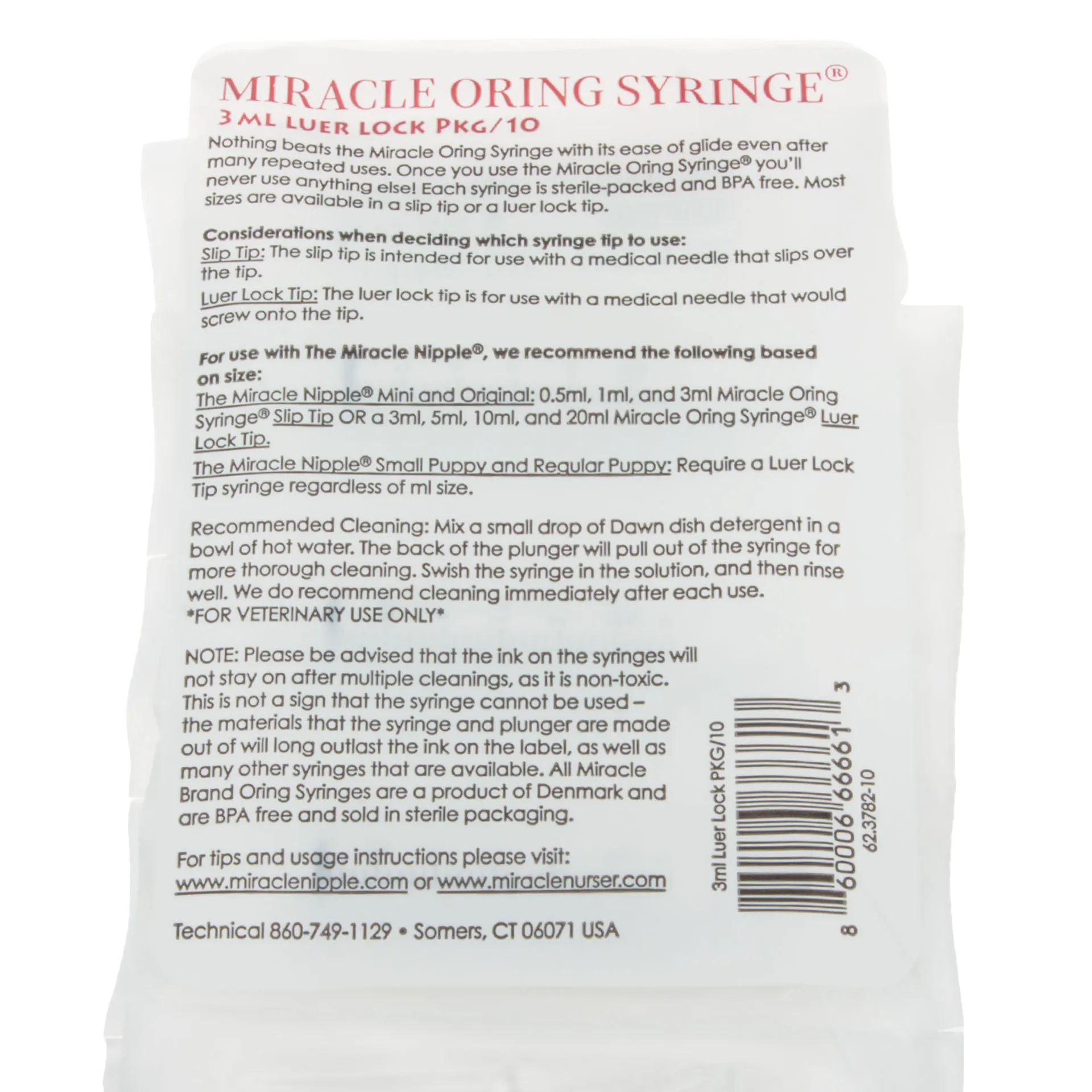 Miracle Nipple O-ring Syringe,"Back of sterile syringe package with barcode"