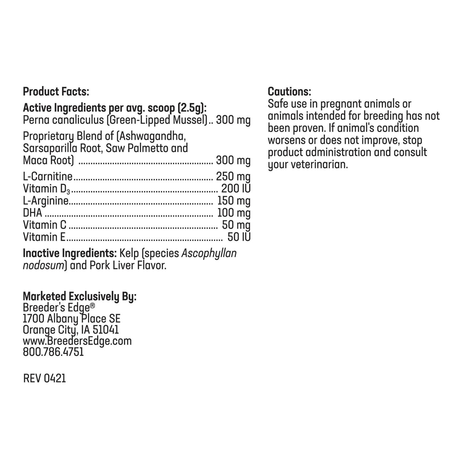 Breeder's Edge® Problem Male™,"Back label of product bottle with facts and cautions"