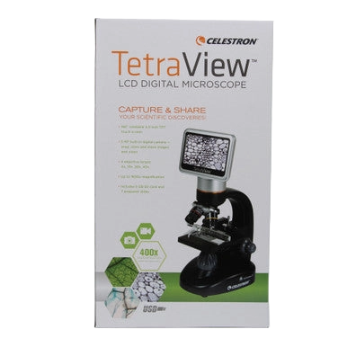 Celestron TetraView LCD Digital Microscope,"Product box with microscope image and built-in screen"