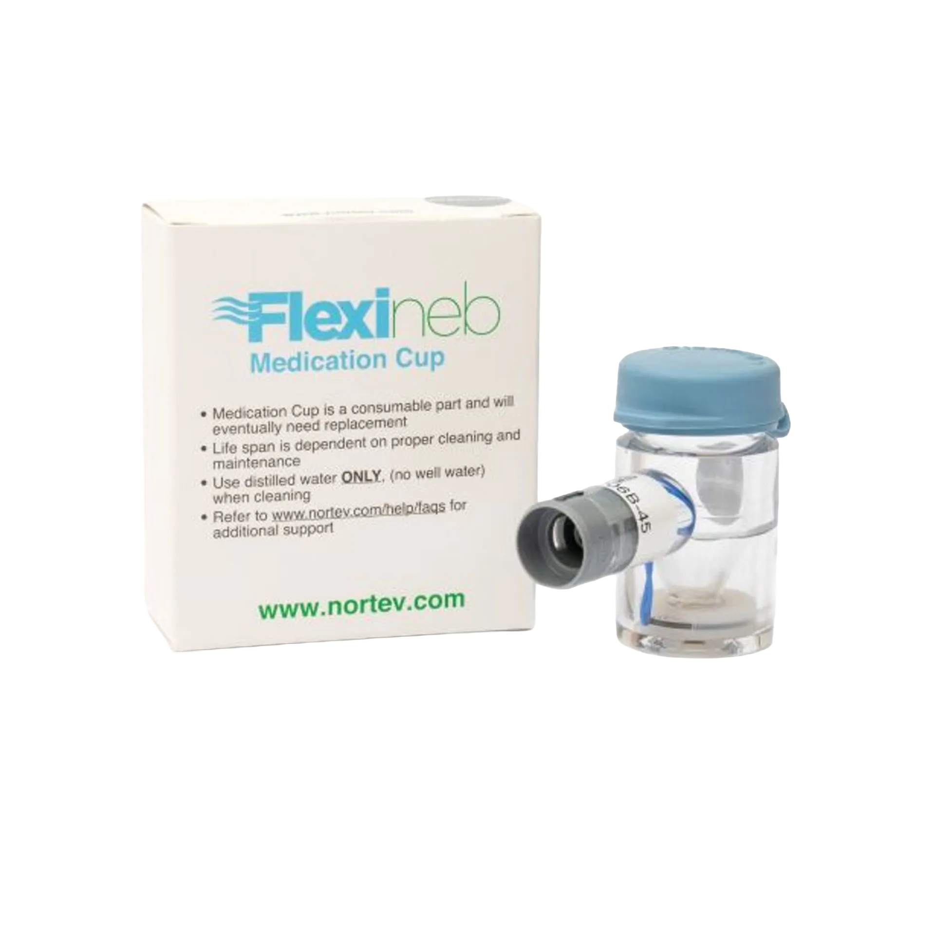 Flexineb® Medium Medication Cup,"Clear medication cup with blue cap beside product box"