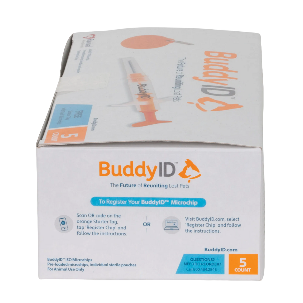 BuddyID®  ISO Microchip,"Box with syringe illustration and front panel view"