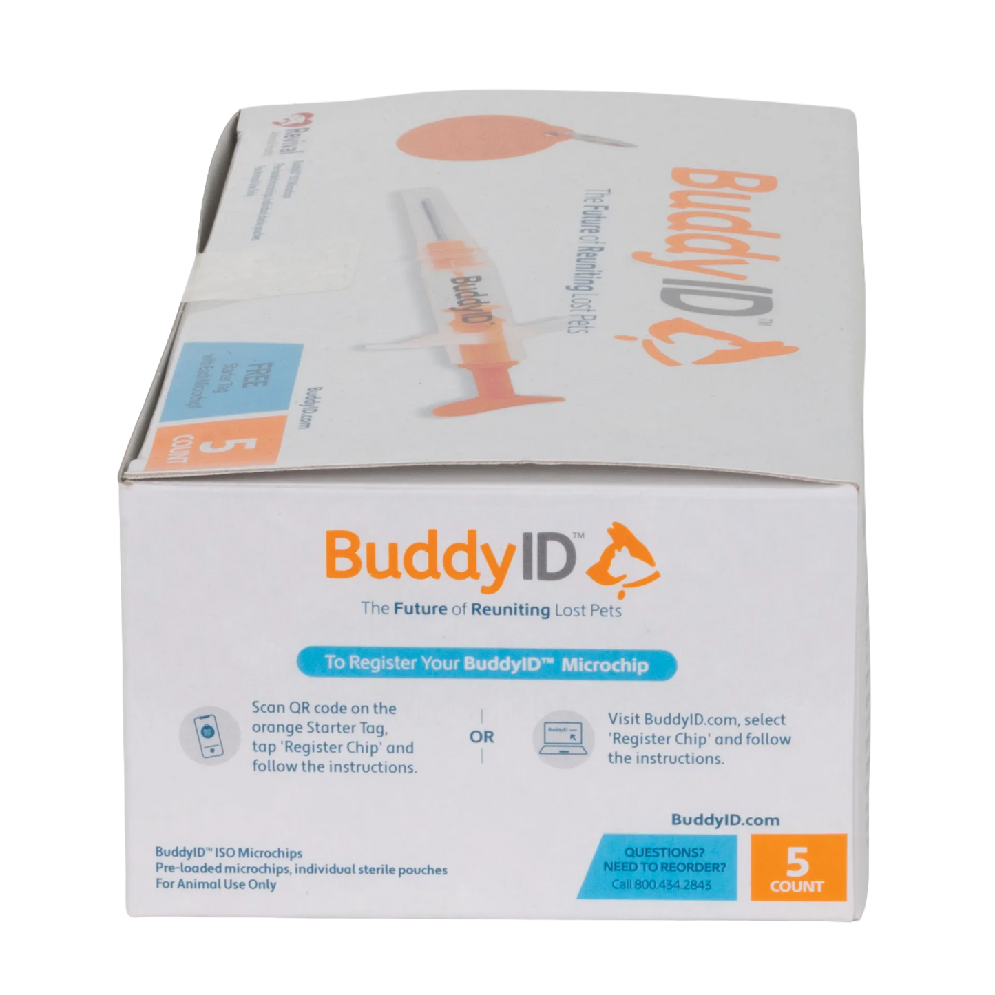 BuddyID®  ISO Microchip,"Box with syringe illustration and front panel view"